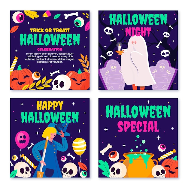Free vector hand drawn flat halloween instagram posts collection