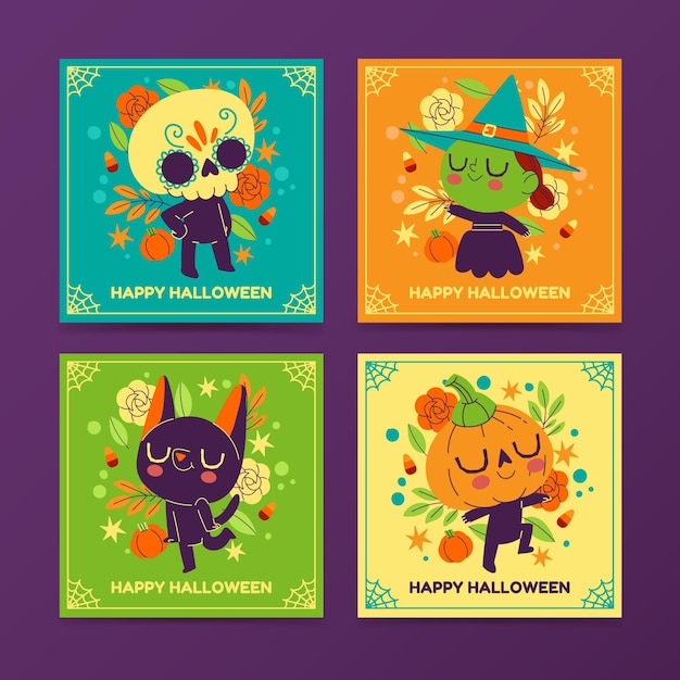 Free vector hand drawn flat halloween instagram posts collection