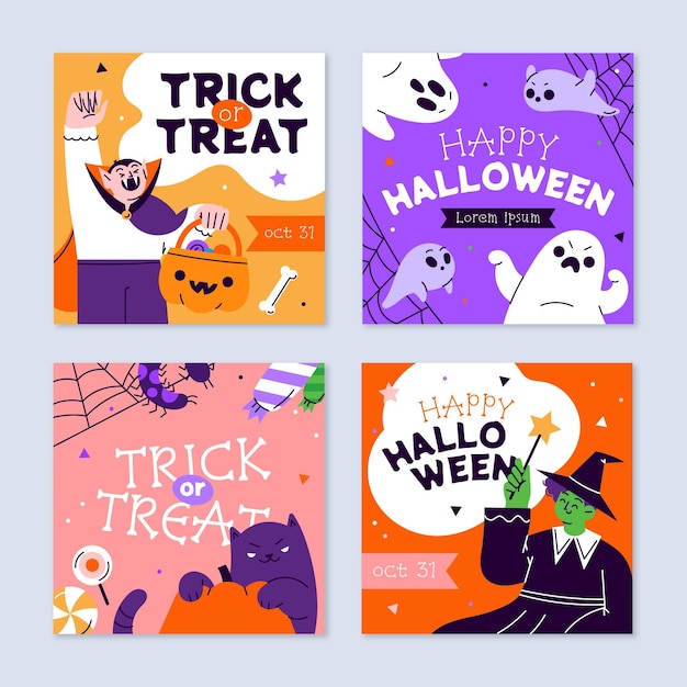 Free vector hand drawn flat halloween instagram posts collection