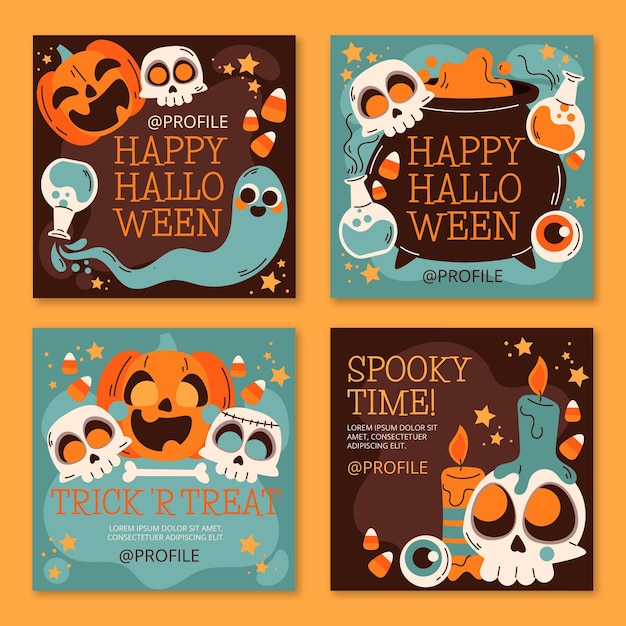 Hand drawn flat halloween instagram posts collection