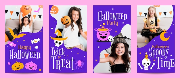 Free vector hand drawn flat halloween instagram stories collection with photo