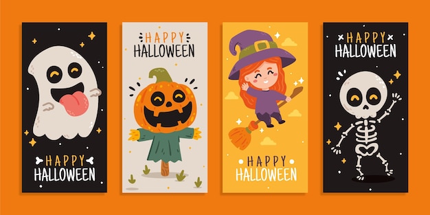 Hand drawn flat halloween instagram stories collection Free Vector