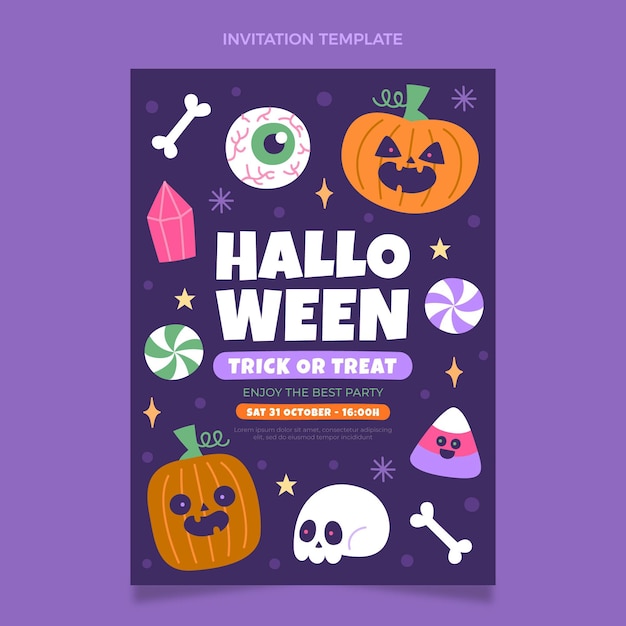 Modello di invito di halloween piatto disegnato a mano