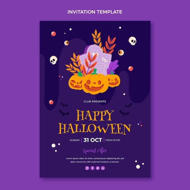 Vettore gratuito modello di invito di halloween piatto disegnato a mano