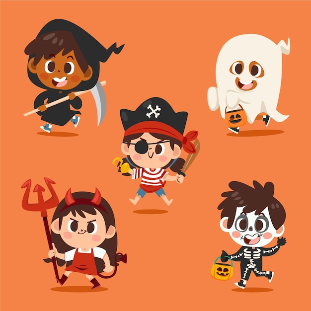 Hand drawn flat halloween kids collection in costumes