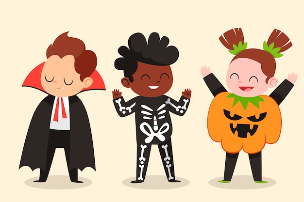 Бесплатное векторное изображение Плоская коллекция рисованной хэллоуин детей
