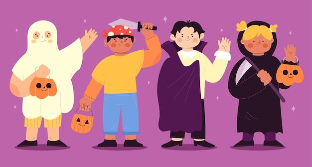 Free vector hand drawn flat halloween kids collection