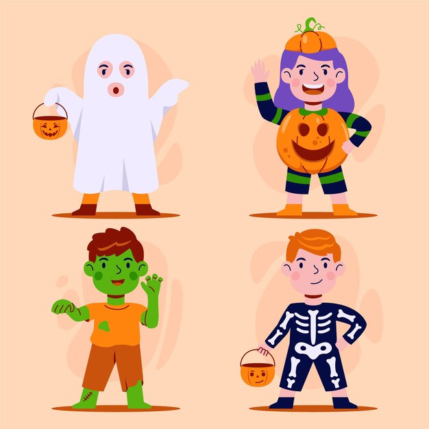 Hand drawn flat halloween kids collection
