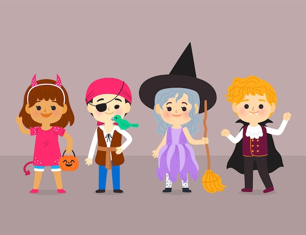 Collezione per bambini di halloween piatta disegnata a mano