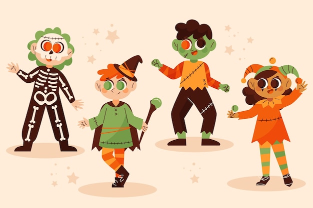 Collezione per bambini di halloween piatta disegnata a mano