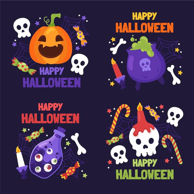 Hand drawn flat halloween labels collection