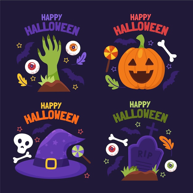 Vettore gratuito collezione di etichette di halloween piatte disegnate a mano