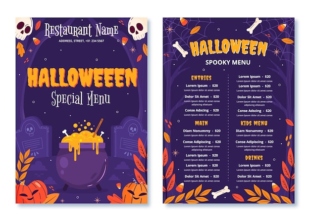 Vettore gratuito modello di menu piatto di halloween disegnato a mano