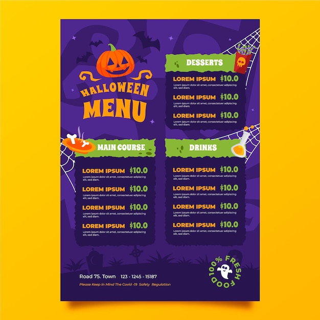 Modello di menu piatto di halloween disegnato a mano