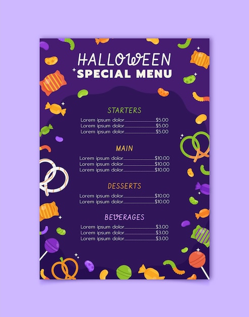 Modello di menu piatto di halloween disegnato a mano