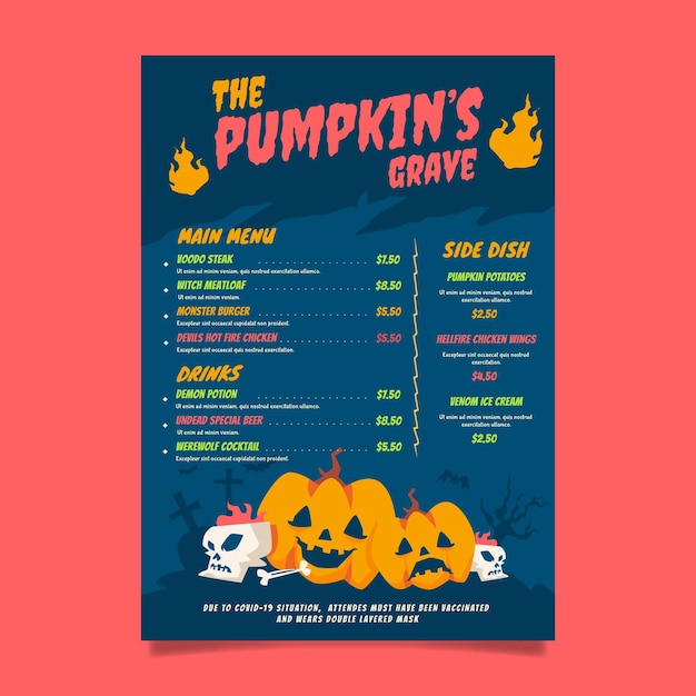 Modello di menu piatto di halloween disegnato a mano