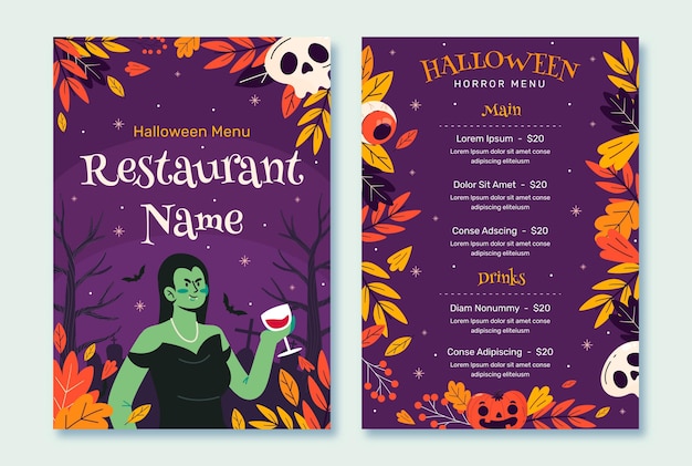 Vettore gratuito modello di menu piatto di halloween disegnato a mano