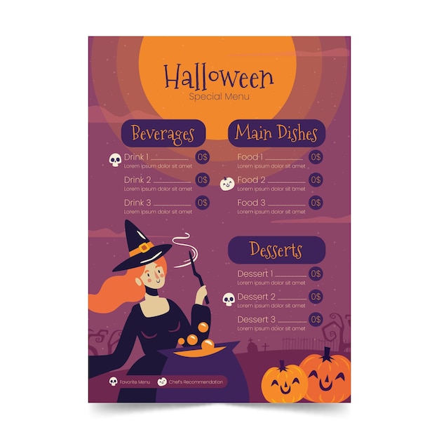 Modello di menu piatto di halloween disegnato a mano