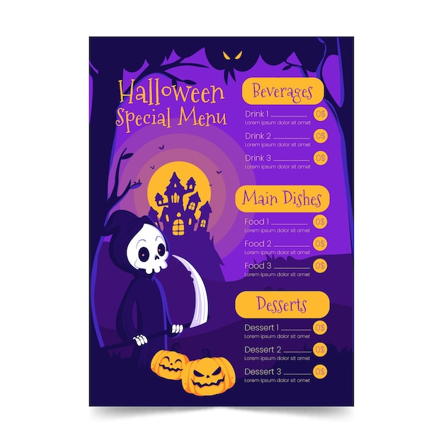 Vettore gratuito modello di menu piatto di halloween disegnato a mano