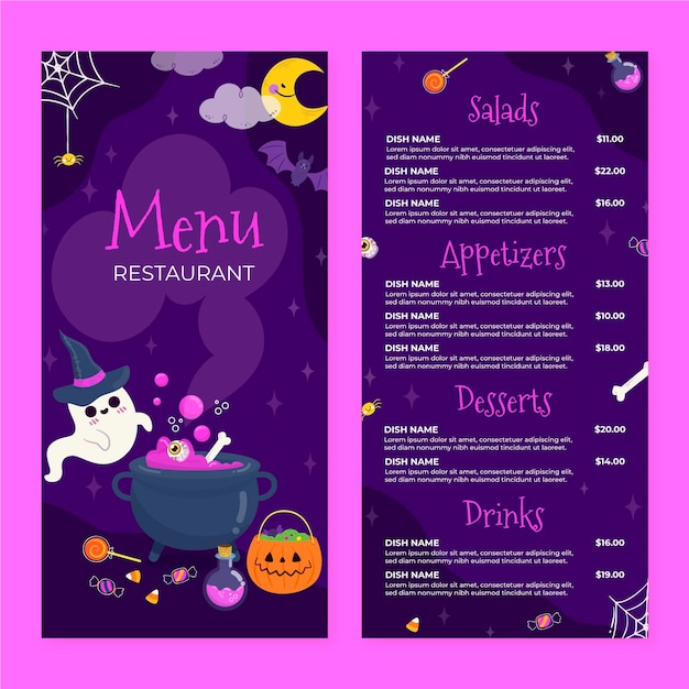 Modello di menu piatto di halloween disegnato a mano