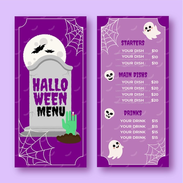 Vettore gratuito modello di menu piatto di halloween disegnato a mano