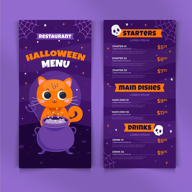 Vettore gratuito modello di menu piatto di halloween disegnato a mano