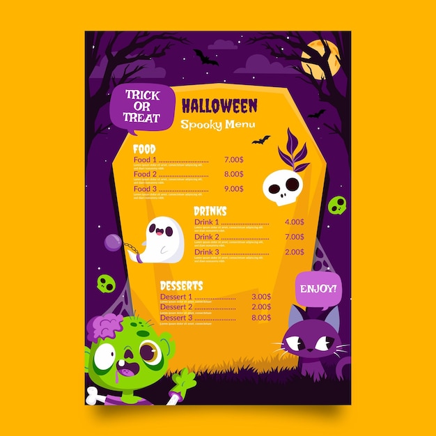 Modello di menu piatto di halloween disegnato a mano