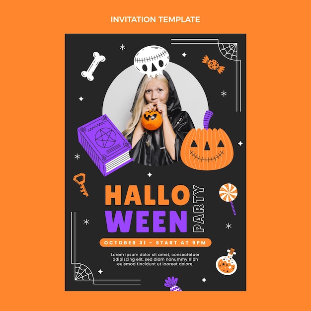 Vettore gratuito modello di invito a una festa di halloween piatto disegnato a mano