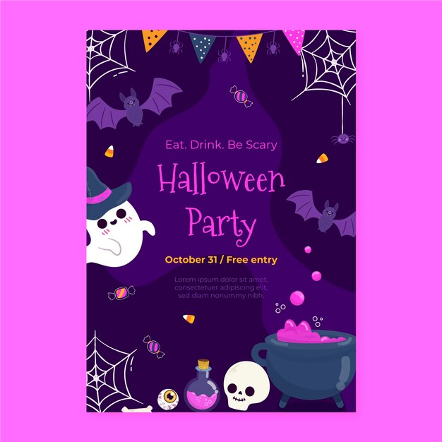 Hand drawn flat halloween party poster template
