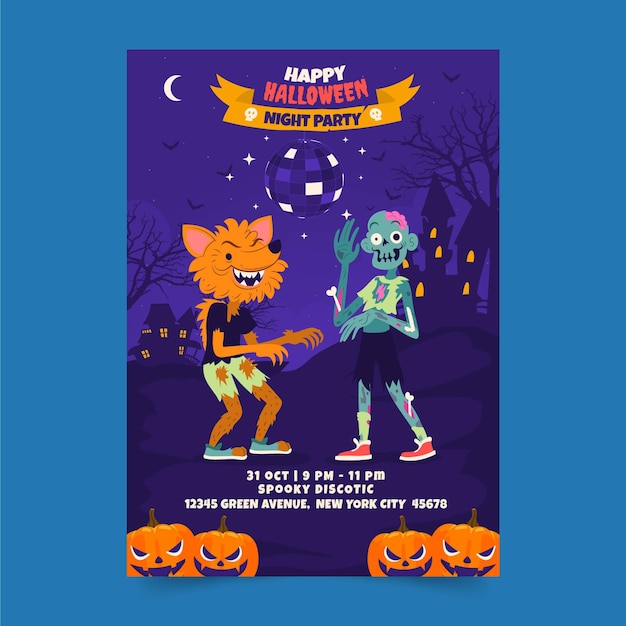 Hand drawn flat halloween party poster template