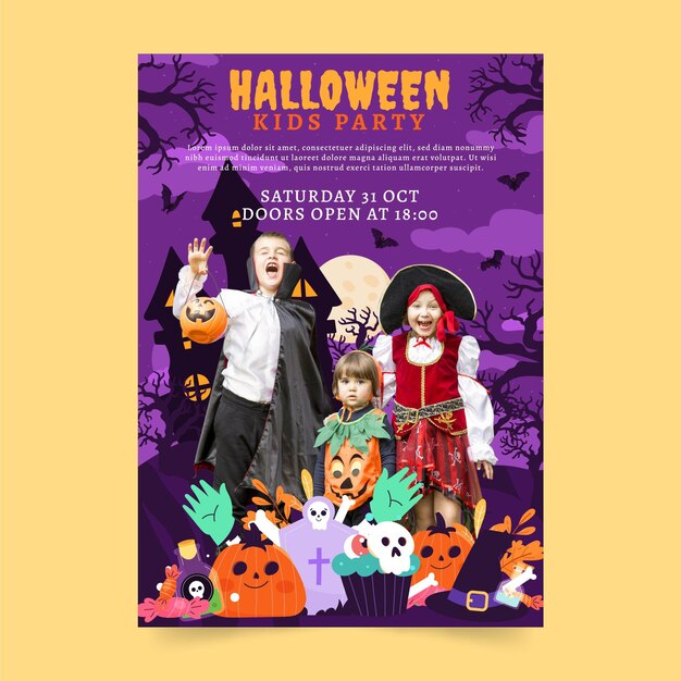 Hand drawn flat halloween party vertical flyer template