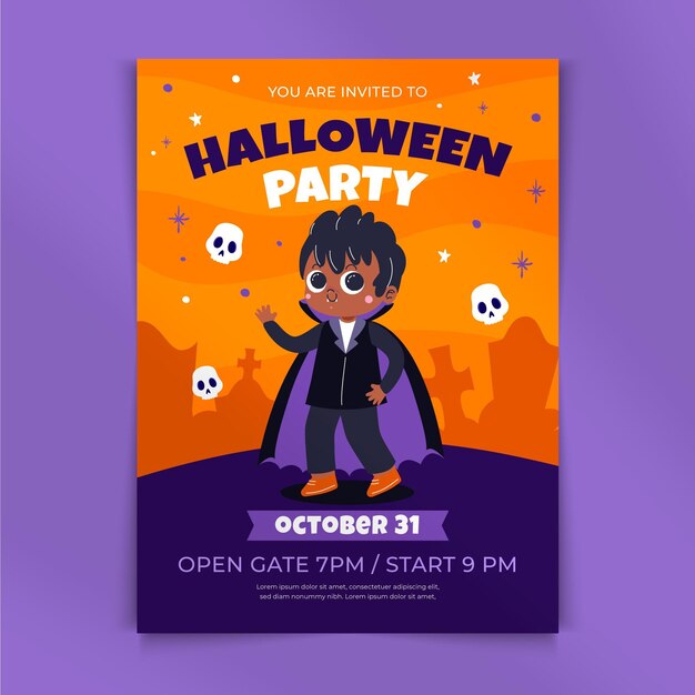 Hand drawn flat halloween party vertical flyer template