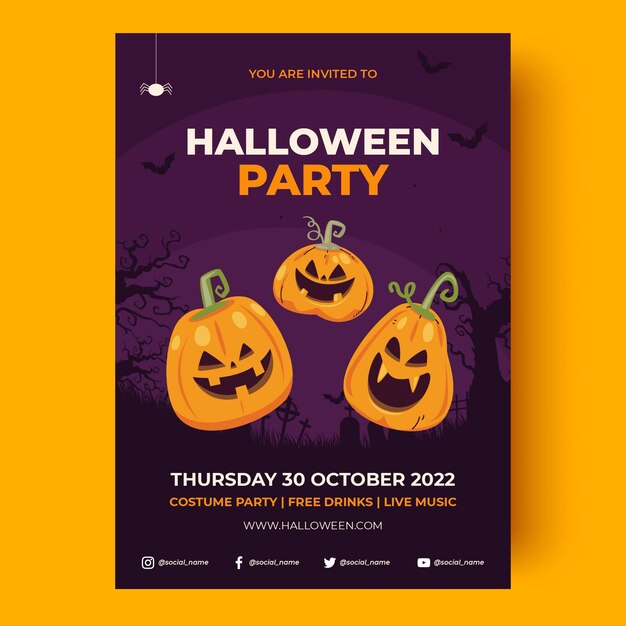 Ручной обращается плоский шаблон вертикального плаката вечеринки в честь хэллоуина