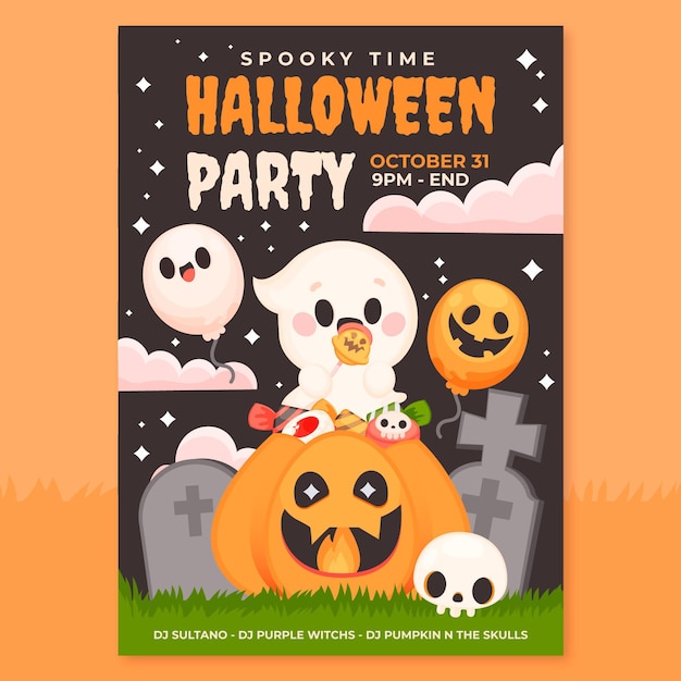 Hand drawn flat halloween party vertical poster template