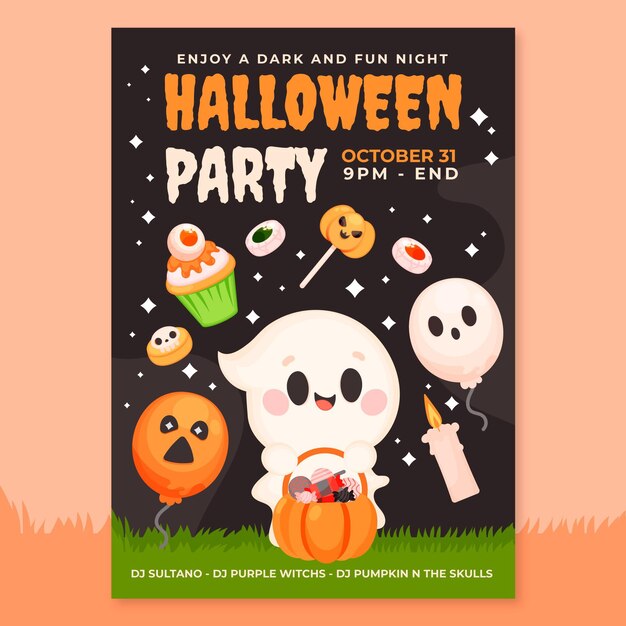 Hand drawn flat halloween party vertical poster template