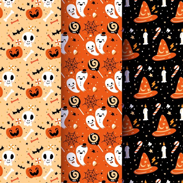 Hand drawn flat halloween patterns collection