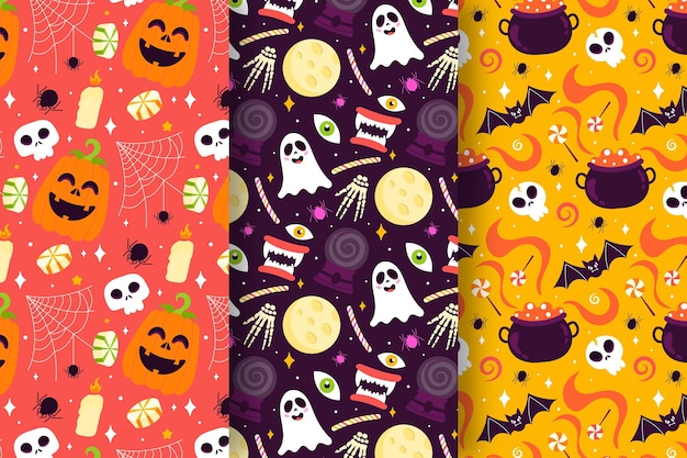 Free vector hand drawn flat halloween patterns collection