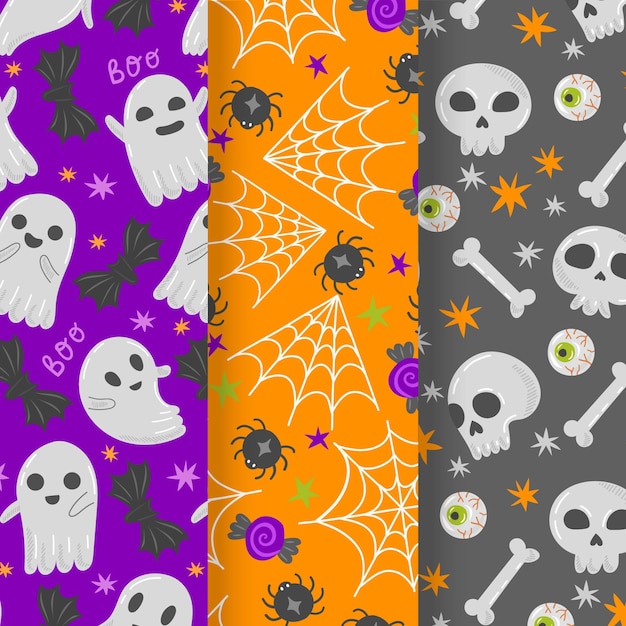 Hand drawn flat halloween patterns collection