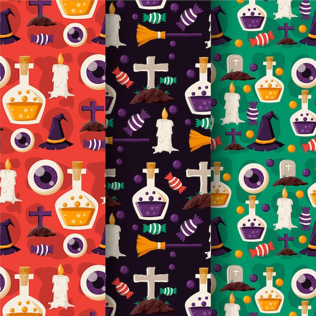 Free vector hand drawn flat halloween patterns collection