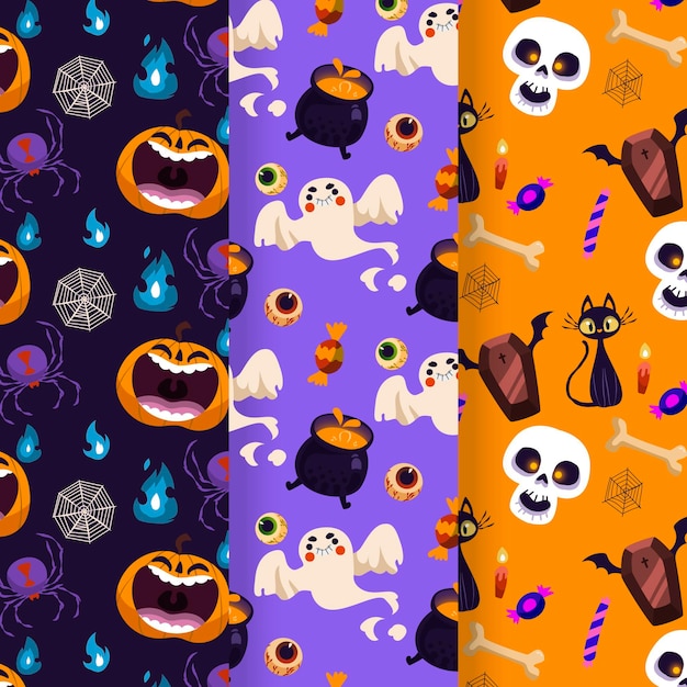 Hand drawn flat halloween patterns collection