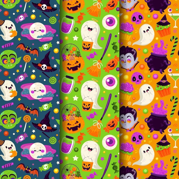 無料ベクター 手描きフラットハロウィンパターンコレクション