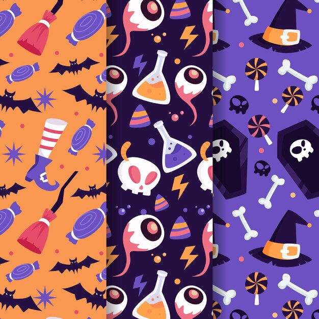 Hand drawn flat halloween patterns collection