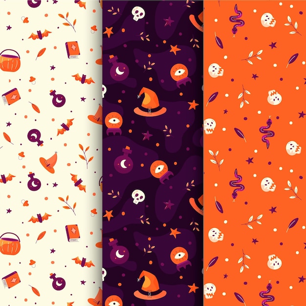 Hand drawn flat halloween patterns collection