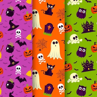 Hand drawn flat halloween patterns collection