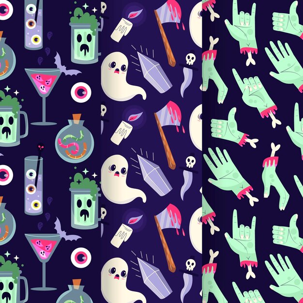 Hand drawn flat halloween patterns collection