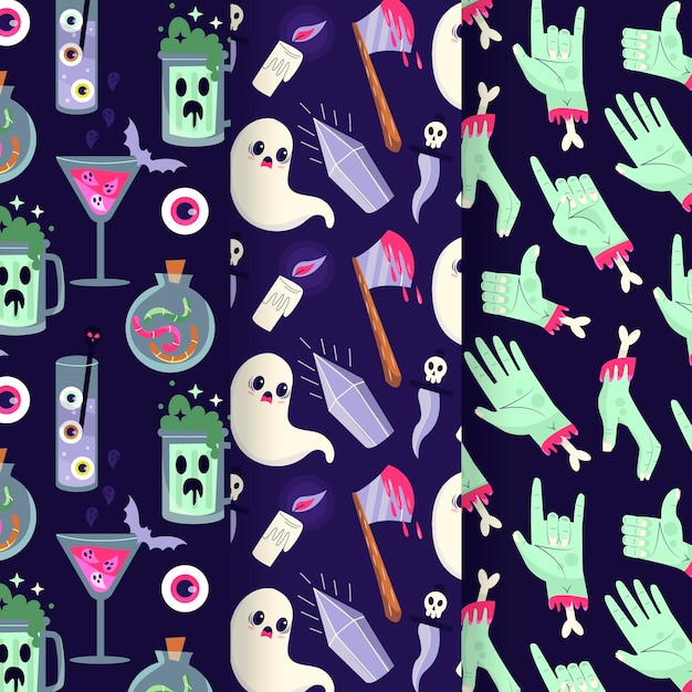 Hand drawn flat halloween patterns collection