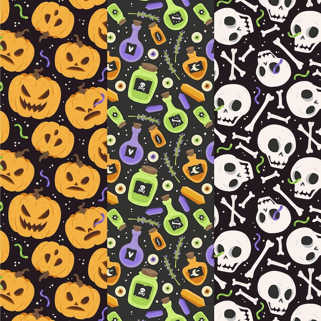 Hand drawn flat halloween patterns collection