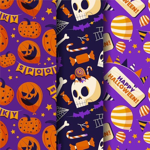 Hand drawn flat halloween patterns collection