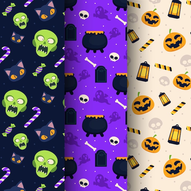 Hand drawn flat halloween patterns collection