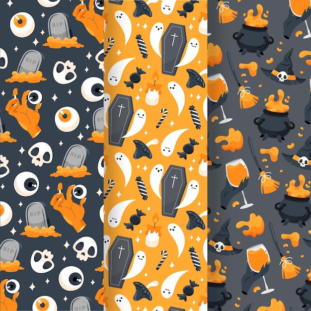 Hand drawn flat halloween patterns collection